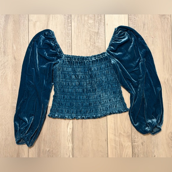 Anthropologie Blue Puff Sleeved Velvet Long Sleeve Blouse size Medium - Picture 5 of 10